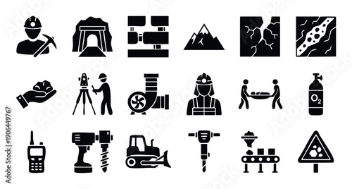 Comprehensive collection of mining industry icons showcasing workers, equipment, safety measures, geological features, and underground operations for industrial presentations or