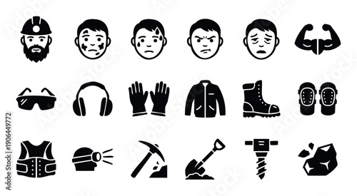 Collection of mining and construction work icons featuring workers, safety equipment, and tools, useful for industrial safety guidelines, health brochures, or heavy labor graphic projects.