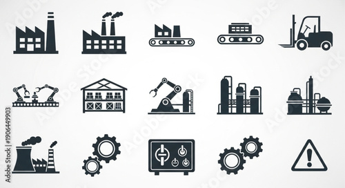 Collection of Industrial Icons Representing Manufacturing and Production.