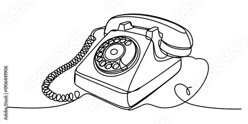 Continuous line drawing of a vintage rotary telephone with a coiled cord on a white background.