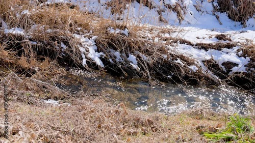 【4K】雪解け水が小川を流れる春の訪れ 融雪とせせらぎの風景