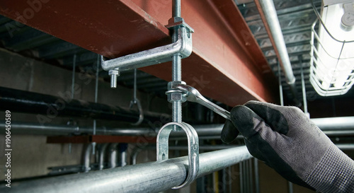 Wallpaper Mural Gloved hand using wrench on threaded rod and beam clamp assembly Torontodigital.ca