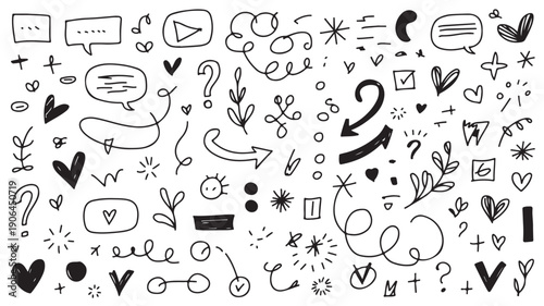 Hand Drawn Doodles in Simple Black and White Line Art Style for Social Media and Messaging Apps