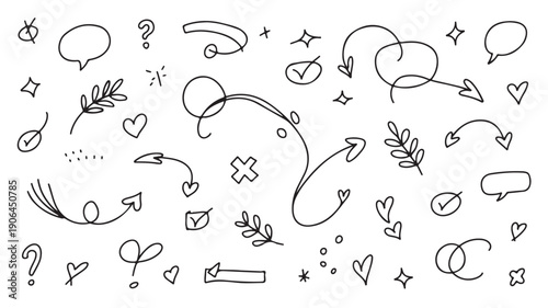 Hand Drawn Doodle Elements in Simple Line Art Style with Black Ink on White Background for Graphic Design