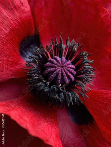 Poppy flower center, black stamens against red paper-like petals, dramatic contrast
