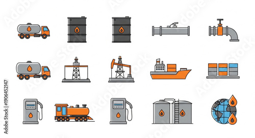 Collection of industrial oil and gas industry icons and symbols.