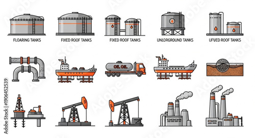 Collection of Industrial Oil and Gas Industry Equipment Icons.