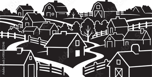 Black and white illustration of a rural village landscape