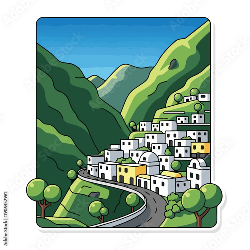 A cartoon village on a hillside with a winding road