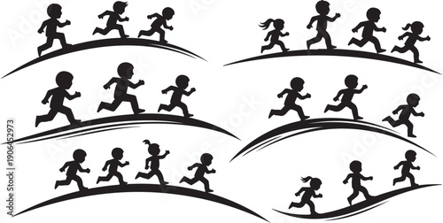 Children Running Silhouettes in Various Motion Postures Outdoors Freely