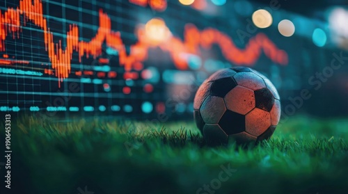 Soccer ball on grass with digital data overlay,sports analytics and performance prediction concept,modern football technology,statistics visualization and competitive strategy