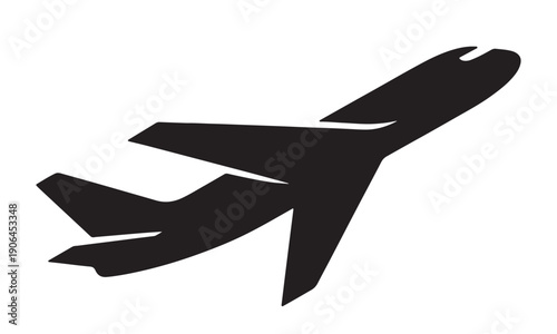 black silhouette of an airplane in mid flight against a white background 