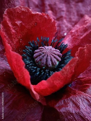 Poppy flower center, black stamens against red paper-like petals, dramatic contrast