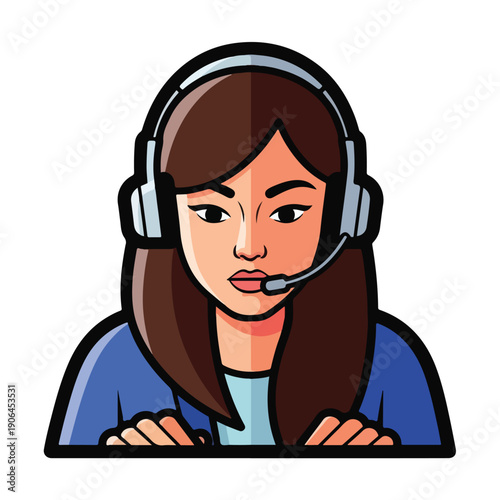 A cartoon woman with headphones on