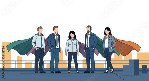 Diverse team of professionals standing strong with superhero capes representing power and unity