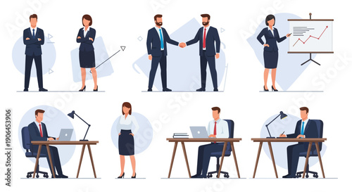 Professional business people in various office scenarios, illustrating teamwork and success.