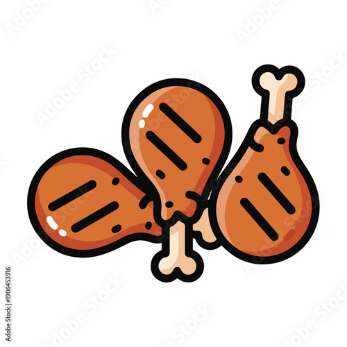 A cartoonish illustration of three grilled chicken drumsticks