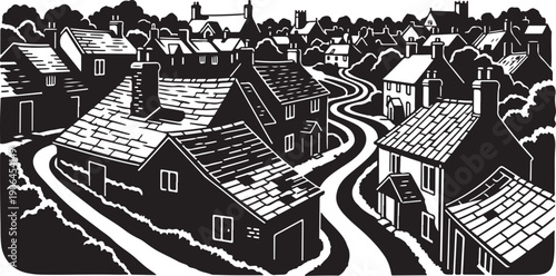 Black and white illustration of a quaint village town