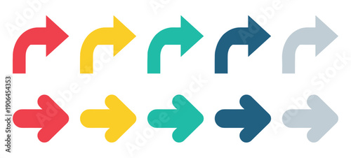 Colorful set of flat design arrows pointing right in two different styles, a bent arrow and a straight arrow, for user interface or infographic design elements