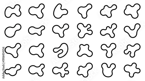 Collection of black abstract organic shapes with rounded fluid outlines arranged in a grid, showcasing a minimalist and modern graphic design element set for creative projects