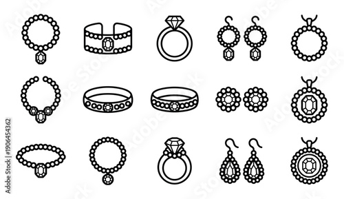 Set of black line art jewelry icons featuring various designs for rings, necklaces, earrings, and bracelets with precious gems and diamonds in a minimalist graphic style