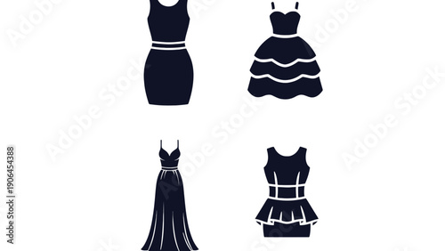 Four black and white silhouettes of different women's dresses on a plain background