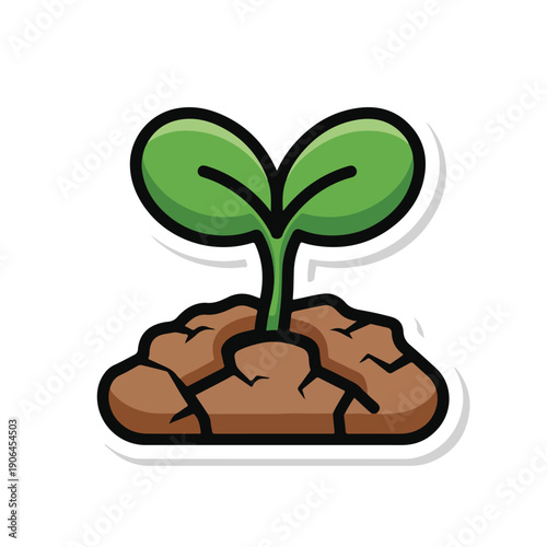 A cartoonish green seedling growing in brown soil