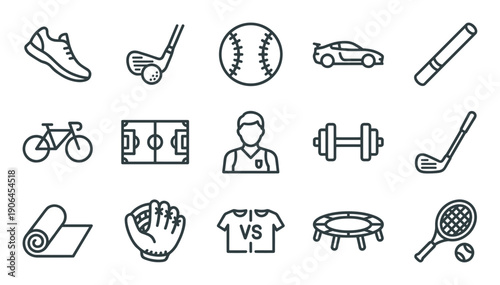 Collection of sports and activity icons in a minimalist black line art style, featuring a baseball, golf club, dumbbell, bicycle, tennis racket, and other recreational symbols