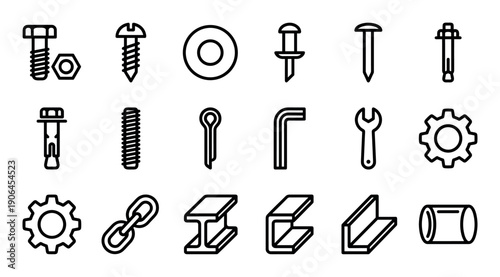 Set of hardware and fastener line icons featuring bolts, screws, nuts, nails, washers, gears, and structural steel beams for construction and industrial applications