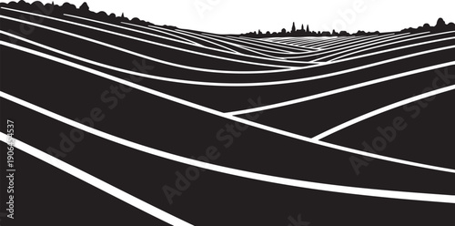 Black and white illustration of empty road network landscape