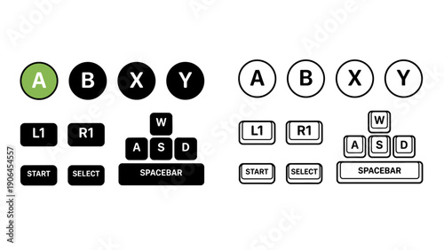 A comparison of video game controller buttons and keyboard keys on a white background