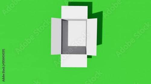 3D animation of white cardboard box unpacking on green background, perfect for e-commerce promotions, logistics and shipping concepts, product unboxing, and commercial video projects, 4k video