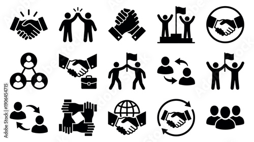 Collection of black teamwork and partnership icons showing handshakes, collaboration, success, and business agreements in a simple flat glyph style for corporate concepts