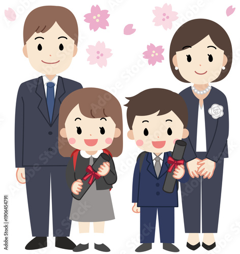 小学校卒業式に出席する家族のイラスト