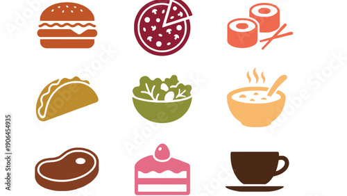 A colorful illustration of various food icons on a white background