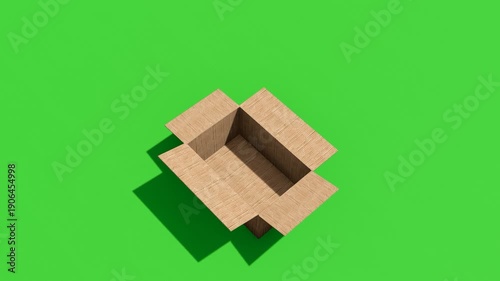 3D animation of cardboard box unpacking on green background, suitable for advertising, online stores, logistics presentations, unboxing scenes, and digital marketing content, 4k video