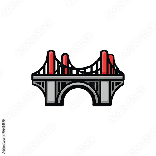 A cartoonish illustration of a bridge with red pillars