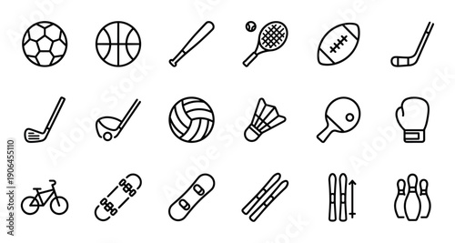 Collection of eighteen black outline sport icons representing popular games like soccer, basketball, tennis, golf, skiing, and cycling in a clean minimalist vector illustration
