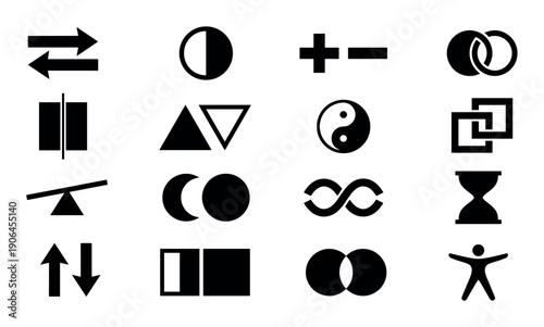 Set of sixteen black minimalist icons representing concepts of duality, opposition, and balance in a clean, flat graphic design style with symbols like yin-yang and infinity