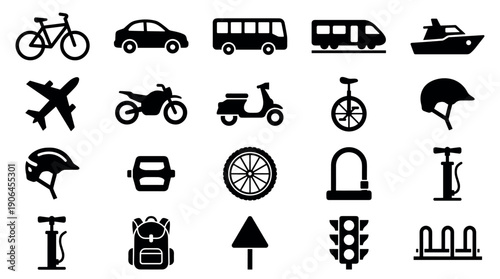 Set of black transportation and cycling icons including a car, bicycle, bus, train, and airplane, presented as simple glyphs for graphic design in a minimalist vector style