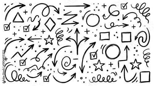 Large collection of black hand-drawn doodle elements featuring various arrows, geometric shapes, checkmarks, and abstract symbols in a sketchy, informal marker style