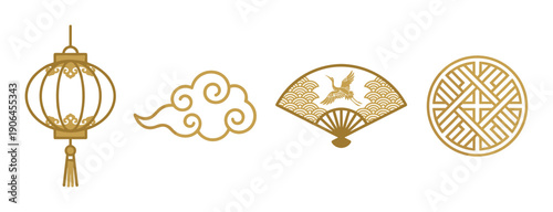 Set of golden traditional Asian cultural symbols including a lantern, cloud, fan with a crane, and geometric pattern in an elegant line art style for design