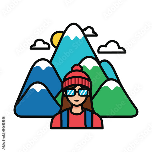 A cartoon woman in winter gear stands before colorful mountains