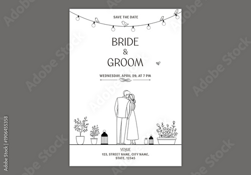 Editable Save The Date Wedding Invitation Card Template with Hand Drawn Bride and Groom Illustration on White Background.