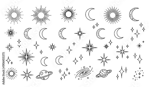 Mystical celestial doodle sunburst and star vector set
