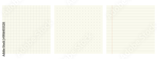 Square grid bullet journal set. Dot grid and lined notebook pages patterns for planning and notes.