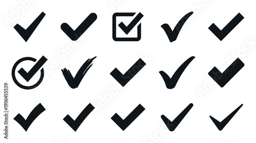 Collection of fifteen black check marks in various styles, including bold, thin, brushed, and framed versions, representing approval, confirmation, and success concepts