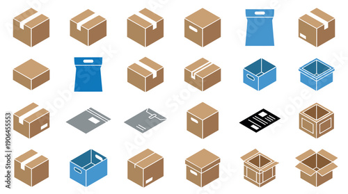 Collection of isometric shipping and packaging icons showing various cardboard boxes, mailers, bags, and crates for logistics, delivery, and e-commerce services