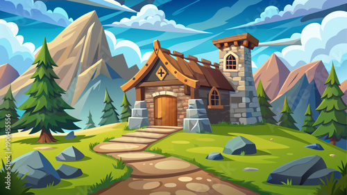 Cartoon vector illustration of a stone lodge near mountain trail with soft sky and flat design