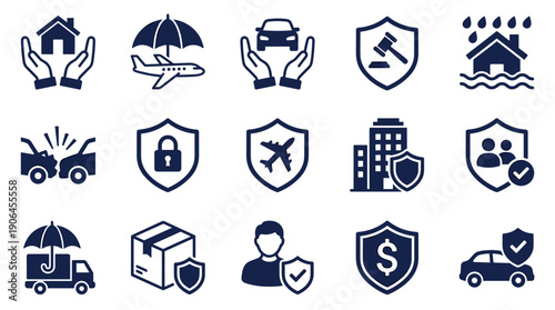 Collection of dark blue insurance icons representing various types of protection for home, car, travel, health, and finance, presented as a clean and simple vector graphic set